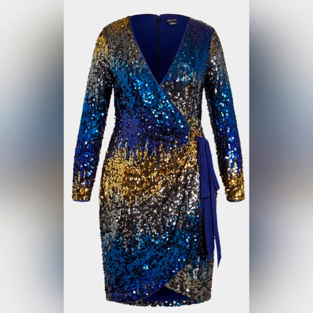 City Chic Irresistible Sequin Mini Wrap Dress in Navy and Bronze